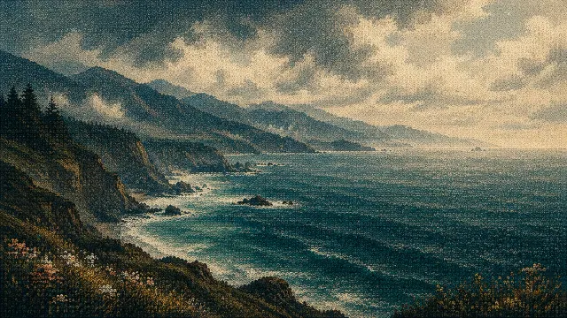 Rugged coastline and green wooded cliffs rendered entirely in fine embroidered thread