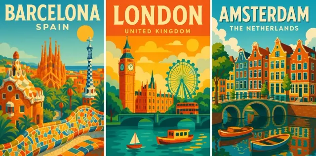 Three coordinated illustrated European city travel posters separated by narrow cream gutters