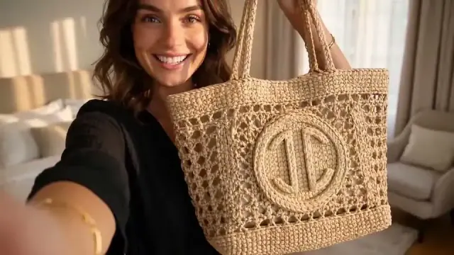 Natural raffia tote with a large circular woven emblem and braided shoulder handles