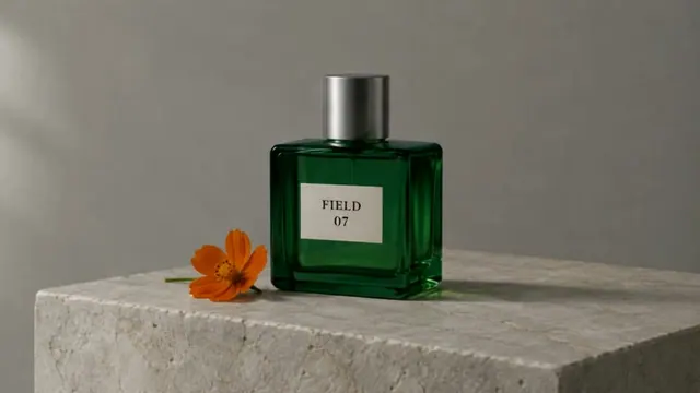 FIELD 07, a still camera. An emerald glass perfume bottle with a silver cap and cream FIELD 07 label, shown in a short generated product video