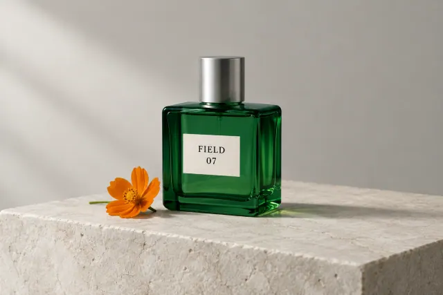 FIELD 07 in soft daylight. An emerald glass perfume bottle with a silver cap and cream FIELD 07 label, in a generated product photograph