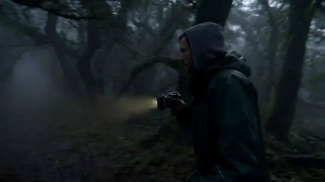 A hooded figure carries a bright flashlight through a dark twisted forest, its beam cutting through blue gray fog.