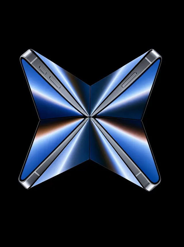 Four blue reflective smartphone folds form a symmetrical butterfly shape on black.