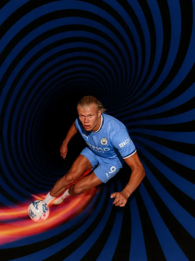 Footballer in a Blue Spiral. Visual study of football poster, optical spiral, sports motion
