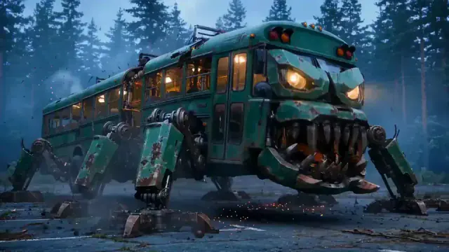 Old dark green school bus on a wet road inside a dense blue hour pine forest