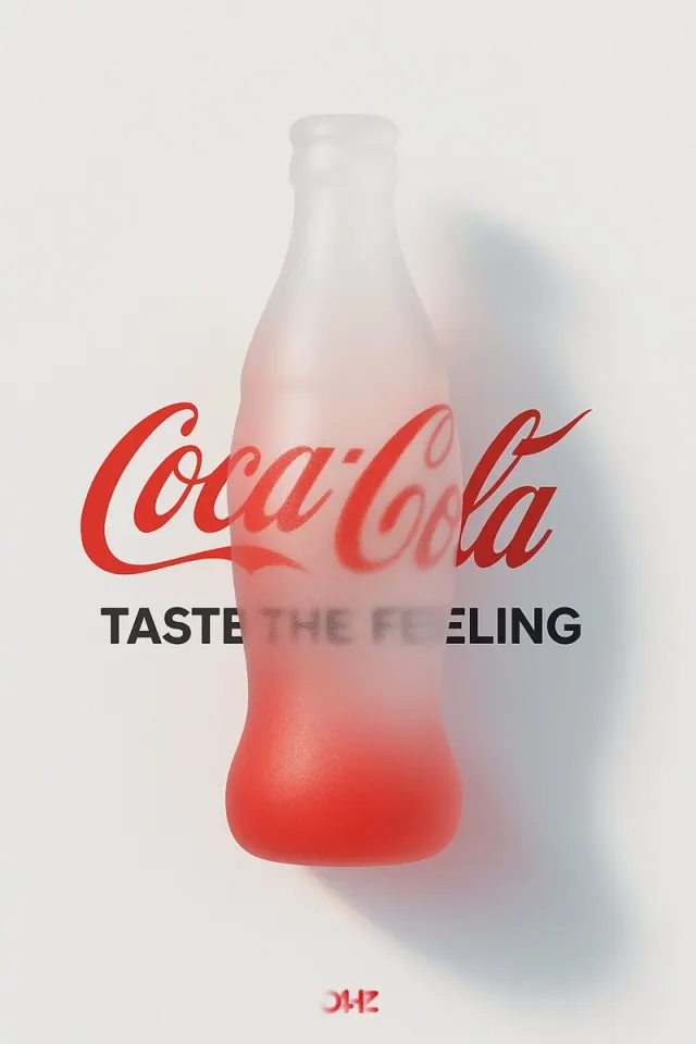 Centered glass Coca-Cola bottle with blurred red typography on a continuous pale gray background