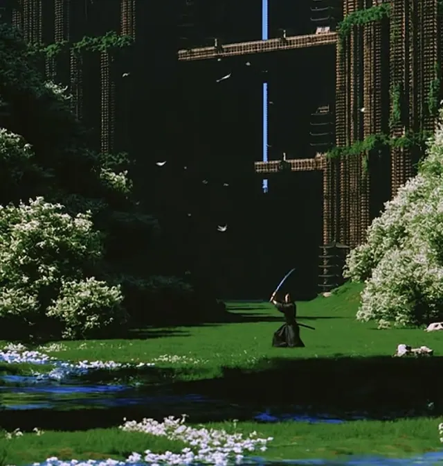 Surreal garden enclosed by towering dark residential blocks with repeated balconies