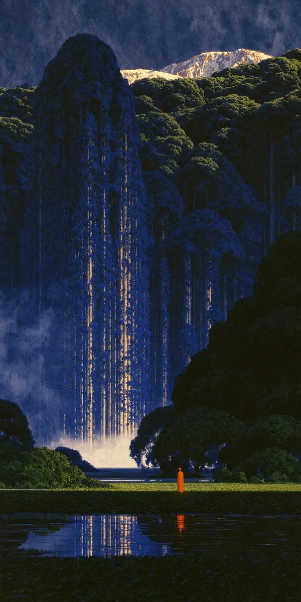 Golden waterfall in a blue mountain gorge. Visual study of fantasy waterfall, gold light, reflective lake