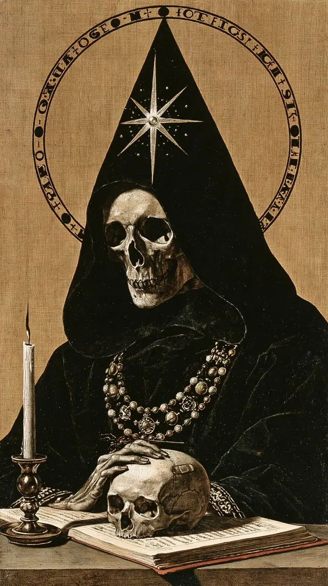 Hooded skeleton with candle and book. Visual study of occult skeleton, antique illustration, candle