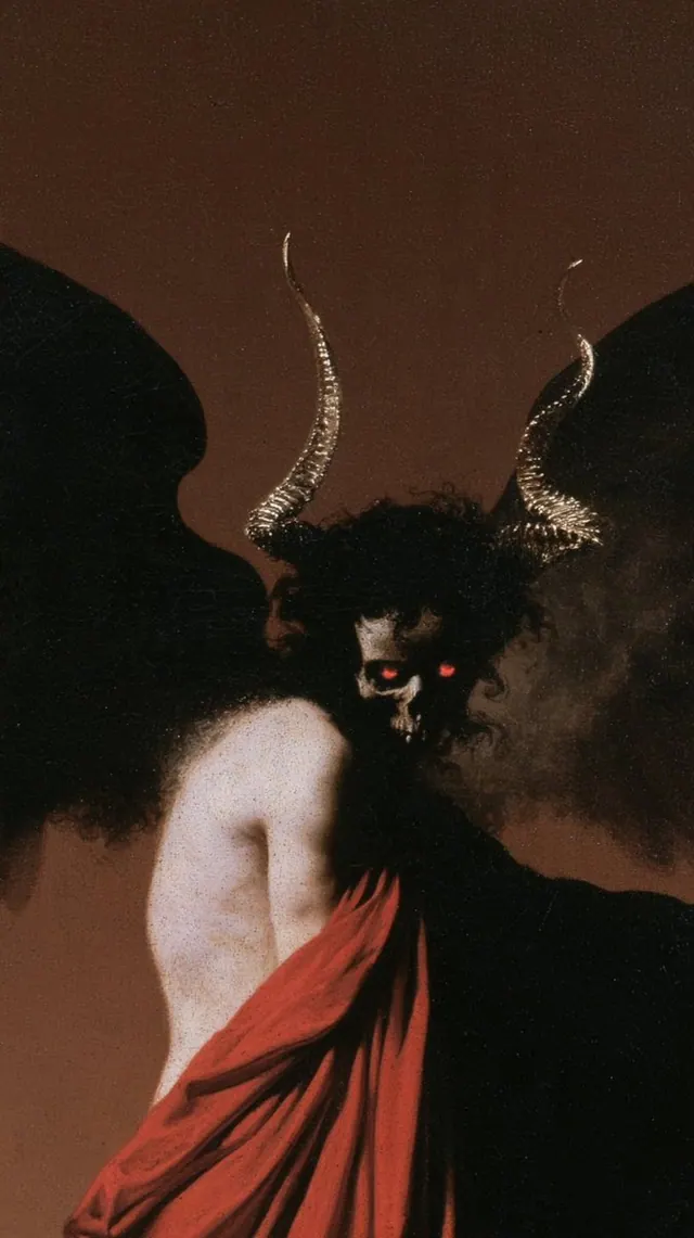 Horned figure in a crimson mantle. Visual study of horned portrait, crimson cloth, bat wings