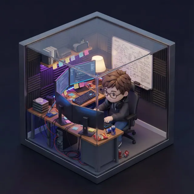 Detailed miniature audio production studio inside an open cubic architectural shell