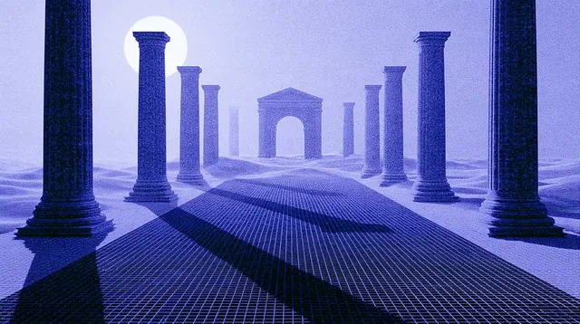 symmetric columns, small distant arch, grid dunes, indigo shadows and white disk.