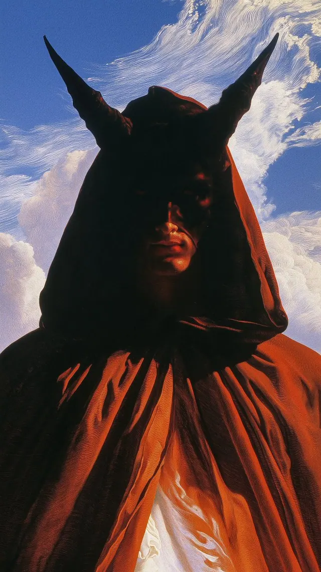 Long horns above an orange hood. Visual study of horned hood, orange robe, blue sky