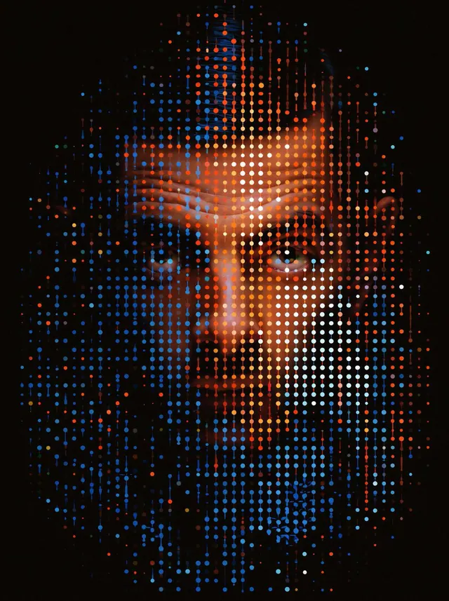 Luminous Data Face. Visual study of digital portrait, data art, orange blue lighting