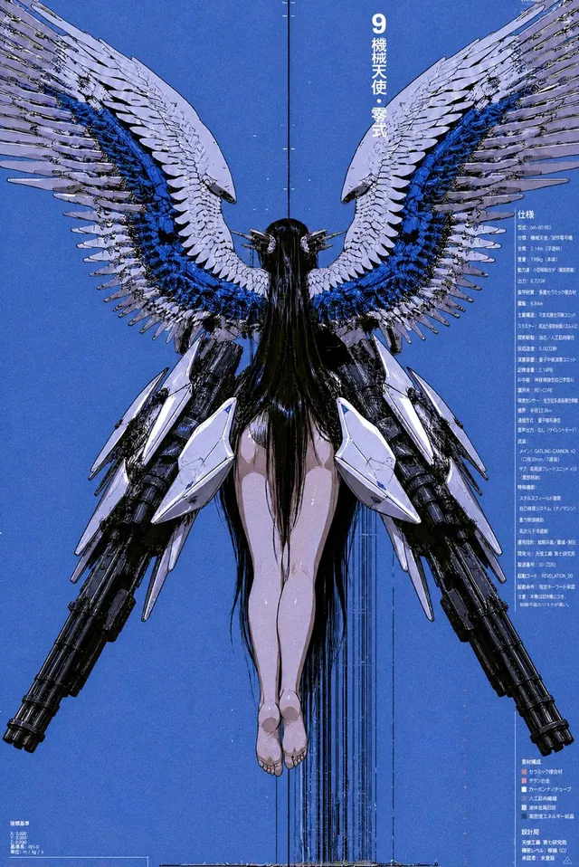 Mechanical Angel Blueprint. Visual study of mecha angel, technical poster, blue cybernetic illustration