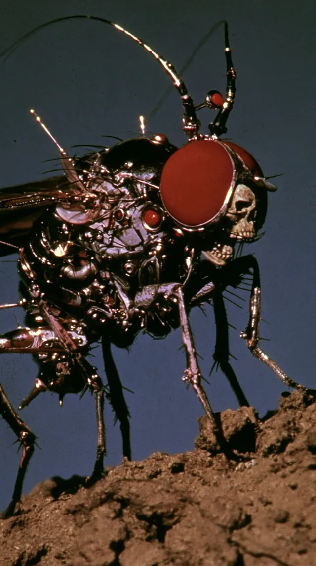 A black mechanical fly with an oversized red eye and skull shaped face standing on rough soil.