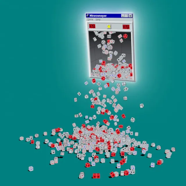 Floating vintage Minesweeper window above a saturated teal floor with scattered game elements