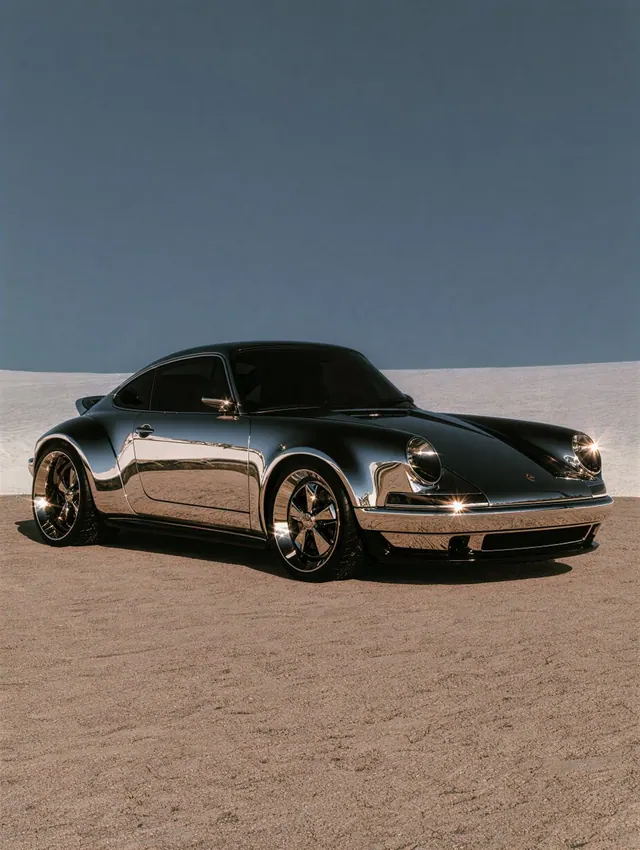 Mirror chrome classic Porsche on taupe sand beneath a slate blue sky