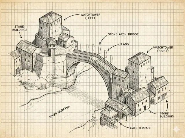 Isometric graphite and ink study of the Old Bridge in Mostar on cream graph paper