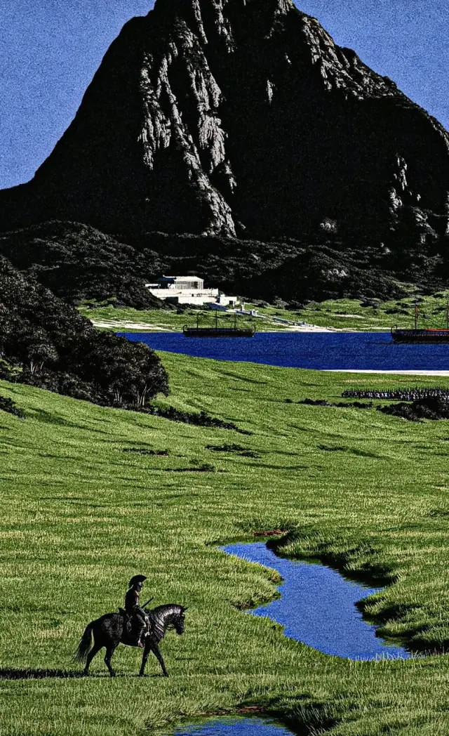 Vintage fantasy landscape with a dark mountain, classical architecture and a winding river