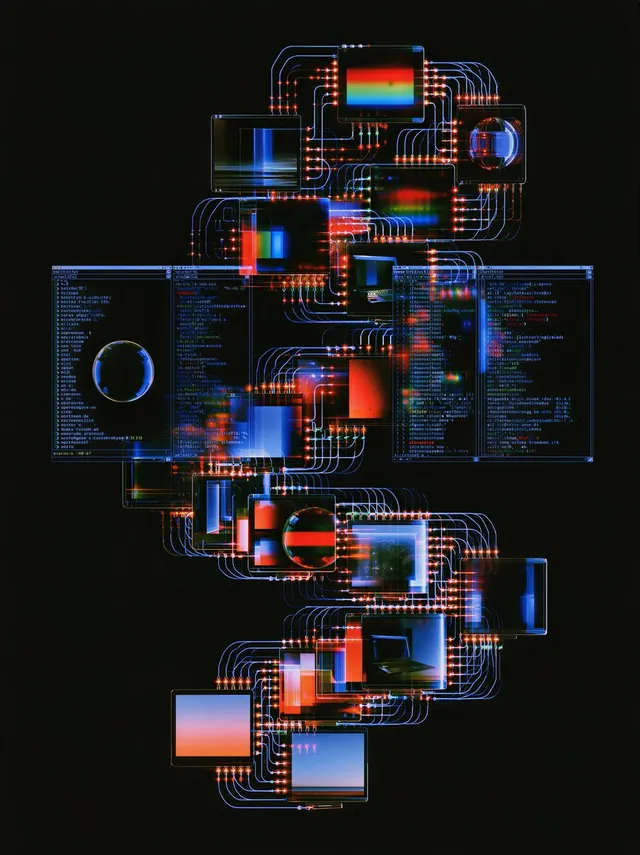 Overlapping retro computer windows linked by blue circuits and orange junctions