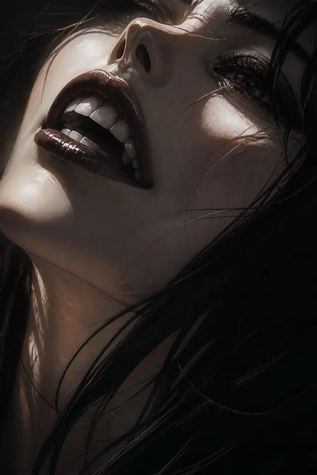 An extreme closeup of a woman tilting her face upward, with dark glossy lips and black hair in slanted light.