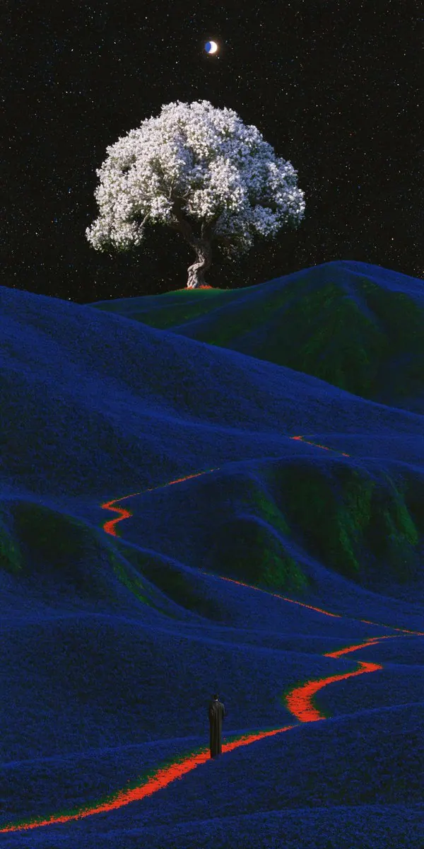 Orange path toward a white tree. Visual study of white tree, blue hills, glowing path