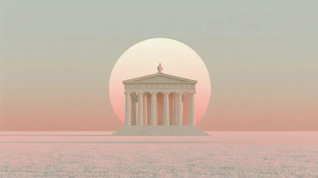 A small pale classical temple stands centered beneath a giant peach disk, surrounded by pink grass and muted green sky