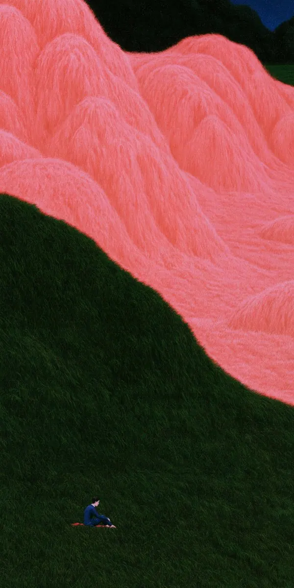 Pink mountains above a dark hillside. Visual study of pink landscape, surreal mountains, tiny seated figure