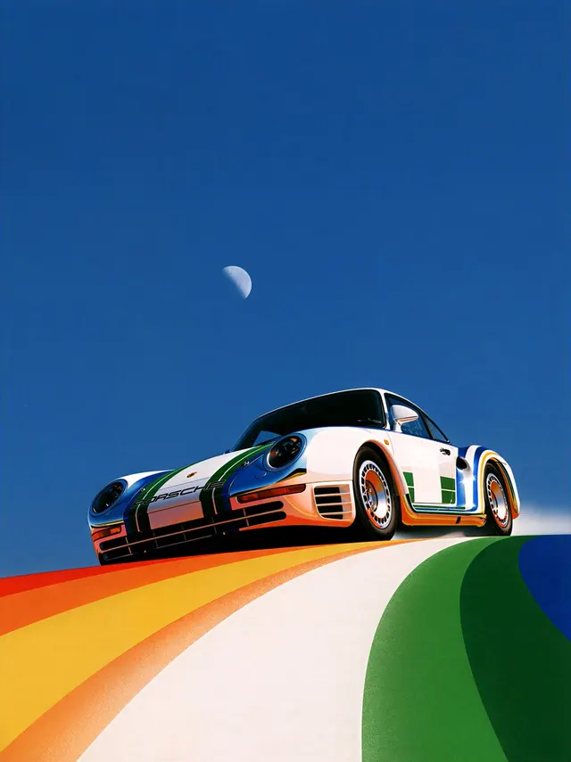Porsche Cresting a Rainbow Road