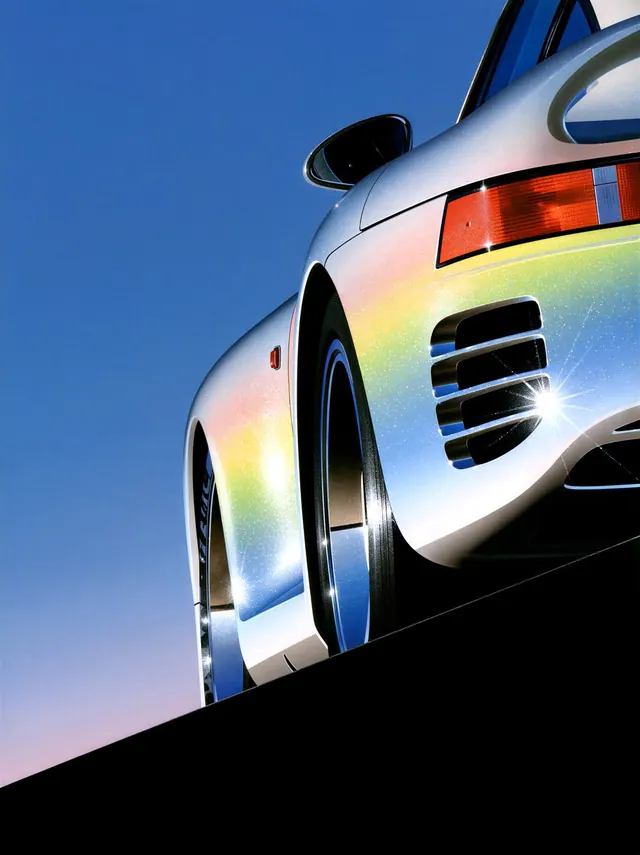 Prismatic Porsche Rear Detail. Visual study of chrome car detail, iridescent metal, automotive closeup