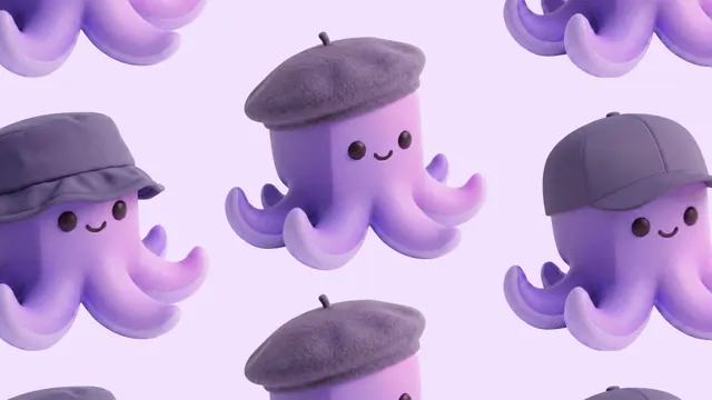 A repeating lavender octopus mascot pattern with berets, bucket hats and baseball caps.