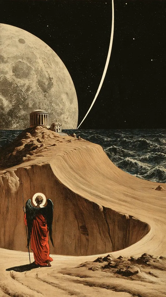 Red traveler beneath an enormous moon. Visual study of desert collage, giant moon, red cloak