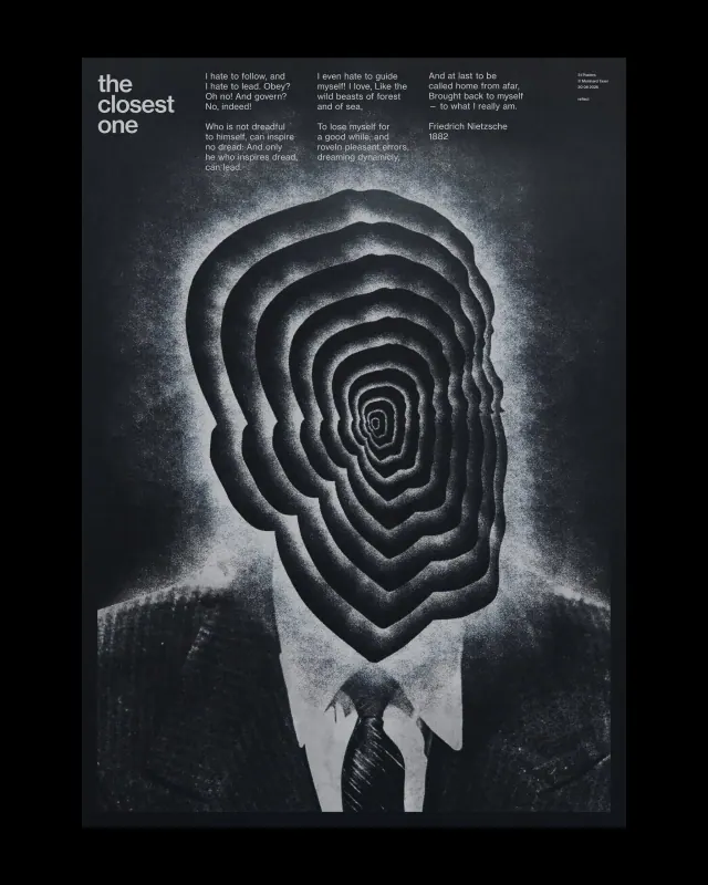 Monochrome editorial portrait with layered paper forms inside a broad black poster margin