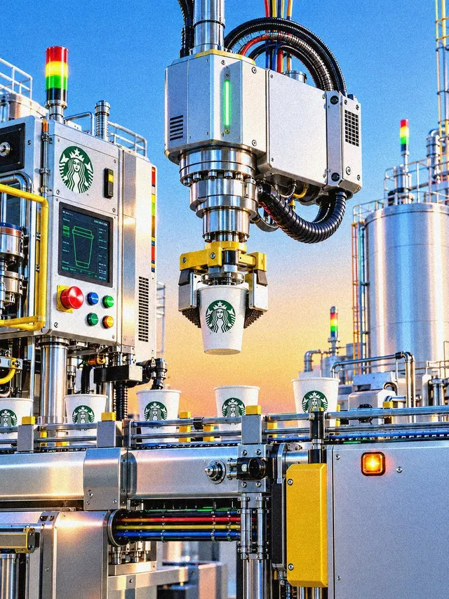 suspended branded cup, yellow clamps, metal spindle, conveyor and blue sky.