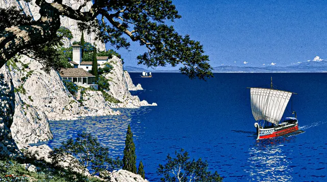 An ivory sailboat crosses a blue bay beside a pine shaded white cliff and villa.