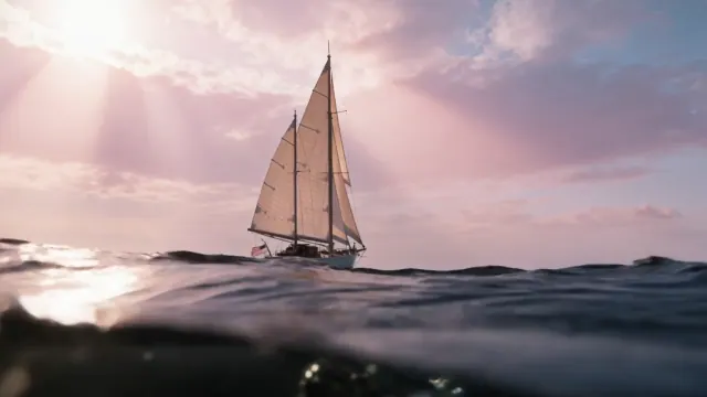 A small sailboat with cream sails crosses a rolling sea under pink clouds and bright shafts of sunlight.