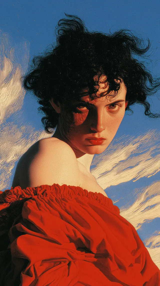 A woman with windblown black curls looking back over her shoulder in a scarlet dress.