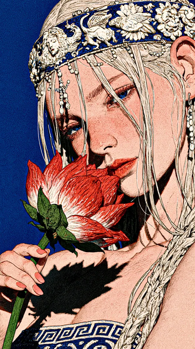 Close engraved portrait of a silver haired woman with a cobalt relief crown, pearl chains and red lotus casting a sharp shadow across her chest