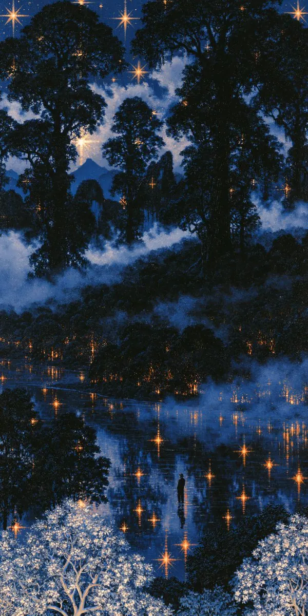 Starlit forest reflected in blue water. Visual study of surreal forest, night landscape, star reflections