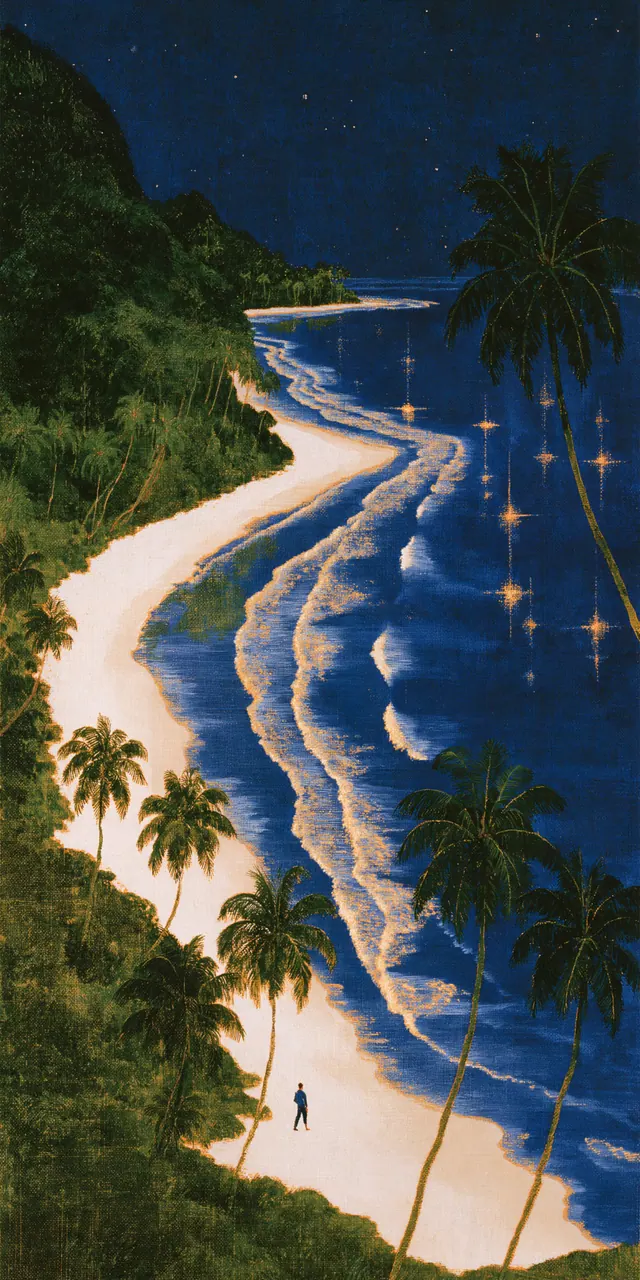 S shaped beach, tiny lower walker, palms, gold surf and sea stars.