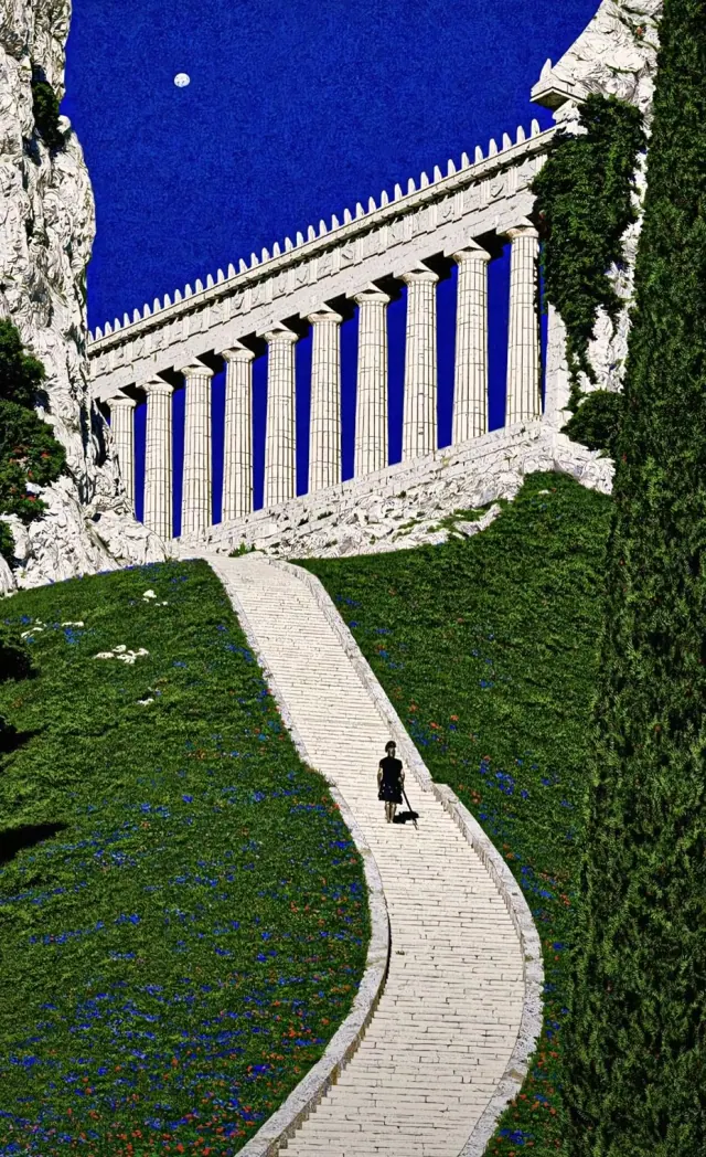 White Greek colonnade running along a steep limestone hillside in a textured fantasy illustration