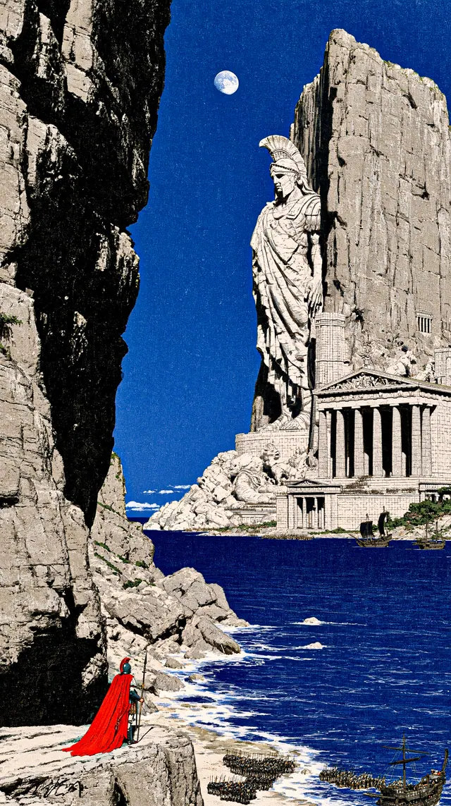 Ivory cliffs and a colossal stone warrior above a cobalt inlet, with a tiny red cloaked soldier on the near shore