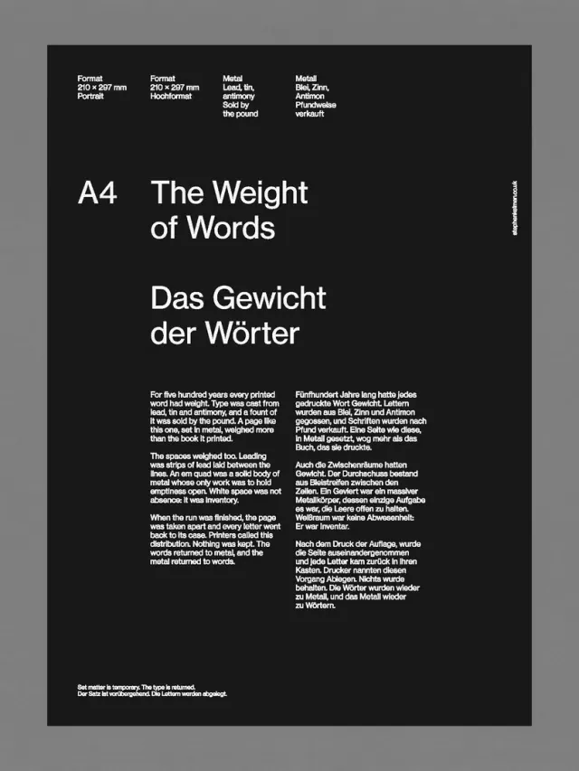 Black editorial typography poster with The Weight of Words and small white text arranged on a precise grid