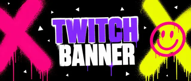 Centered Twitch banner lettering surrounded by energetic fluorescent graphics on a black background