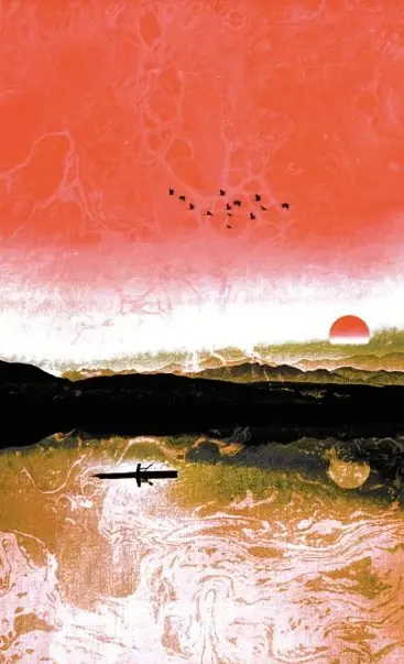Tiny black boat on a still lake beneath a vast textured vermilion red sky