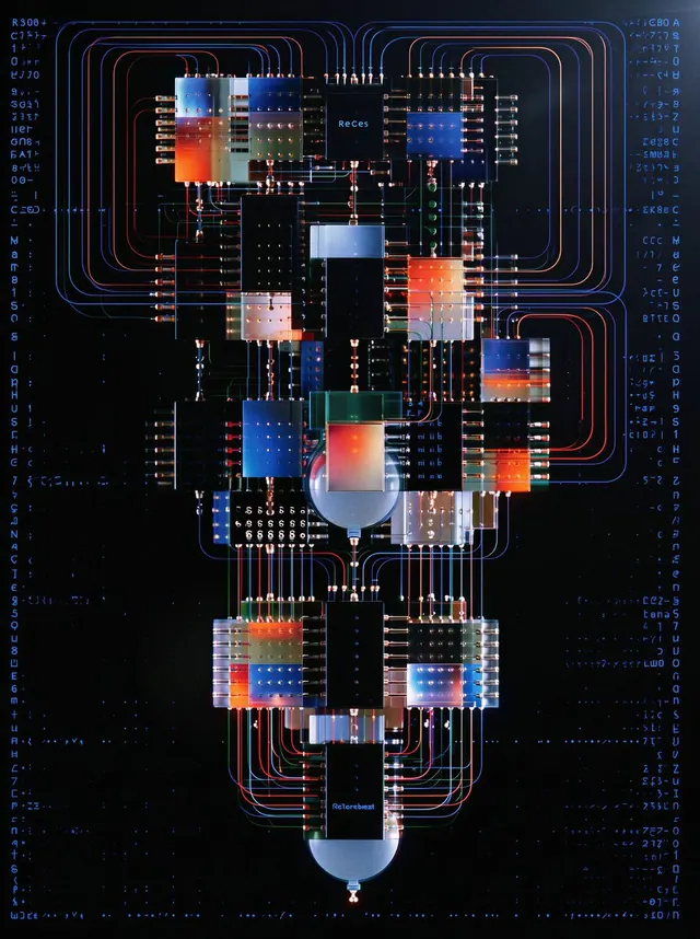 Vertical Circuit Totem. Visual study of circuit board poster, retro technology, electronic collage