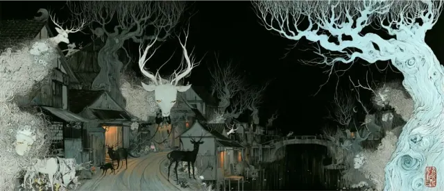 Crooked wooden village with delicate ink details and deer spirits beneath a dark night sky