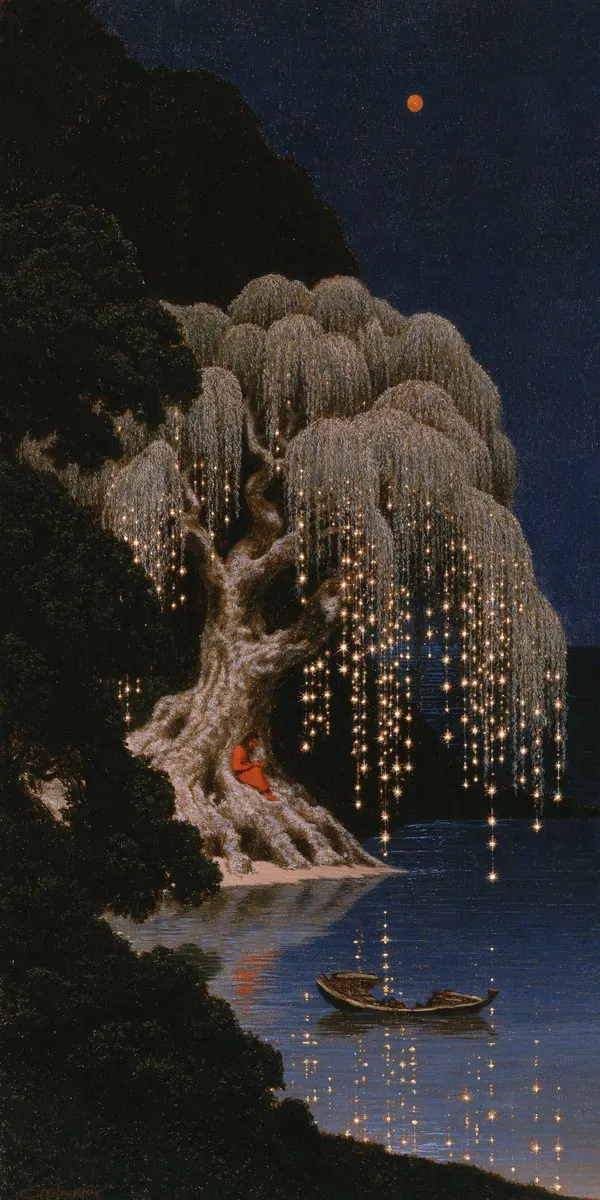 Weeping tree with hanging lights above a boat. Visual study of glowing willow, night lake, surreal boat