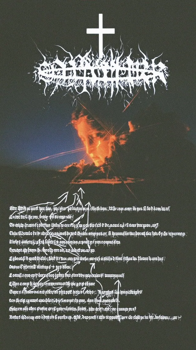 White cross above a fire photograph. Visual study of dark poster, fire collage, white typography
